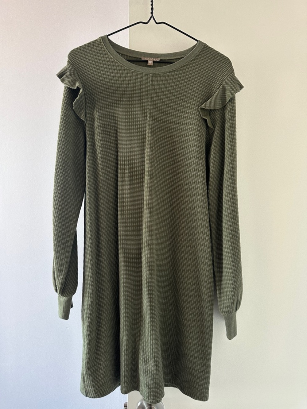 Lilla P Olive Green Waffle Knit Ruffle Shoulder Dress